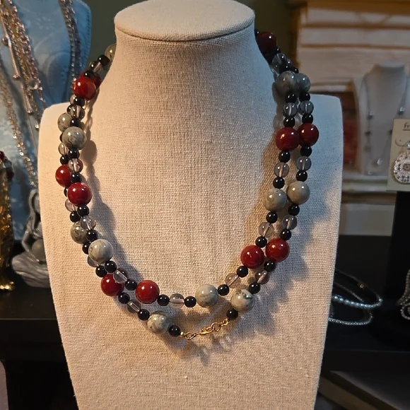 Monet Red and Gray Beaded Necklace Y-Shape Design - Picture 2 of 5